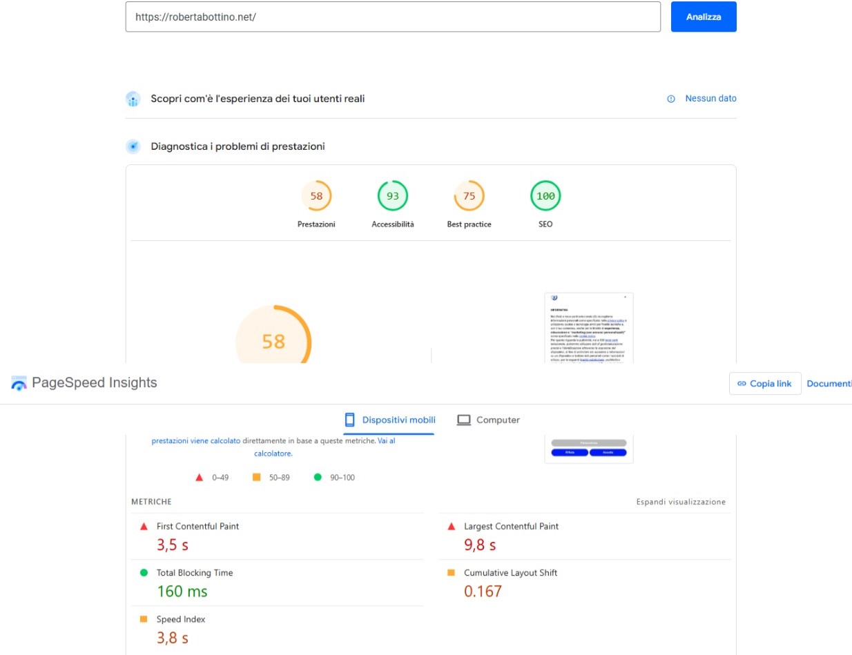 Roberta Bottino | La Ferrari del web: report di PageSpeed prima dell'utilizzo di WP Rocket